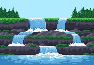 8 bit piksel oyunu şelale şelalesi manzarası, video oyun seviyesi için vektör arkaplan. 8bit nehir suyu dağ ya da deniz mağarası çağlayanlarından dökülür, pikseller için orman ağaçları olan okyanus adası.