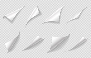 Kıvrımlı kağıt sayfa köşeleri, kıvrımlar ve kıvrımlar ya da etiketler gölgeli, gerçekçi vektörler. Beyaz boş sayfa köşeleri kıvrımlı kabuk kenarları, kitap sayfası kıvrılmış veya kıvrımlı kağıt levhalar