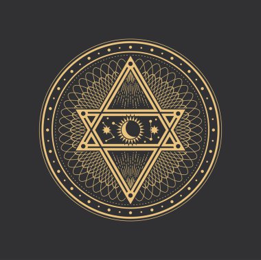 Tarot pentagramı, ay, güneş ve yıldız sembolleri, mistik büyü ve simya, vektör okült işareti. Piramit pentagramlı esrarengiz çember, okült ve sihirli tarotun kutsal geometri işareti