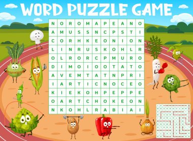 Spor stadyumundaki çizgi film sebze karakterleri, kelime araması yapboz oyunu, vektör bilgi yarışması şebekesi. Çocuklar kelime çalışma kağıdıyla patates ve mısır ile spor salonu barbel, daikon boks ve kaykay üzerinde mantar