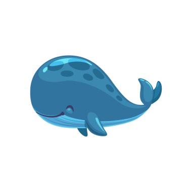Cartoon cute blue whale character, vector personage of sea and ocean water animal. Funny giant marine fish with happy smile, isolated underwater mammal creature swimming with curved tail and fins clipart