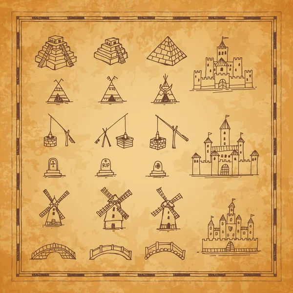 古旧的城堡 金字塔 桥梁和风车 井和假发的地图草图 旧纸或羊皮纸上的矢量古董制图元素 中世纪藏宝图和探险主题 — 图库矢量图片