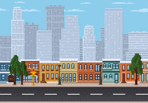 ピクセルの街並み 8ビットのピクセルアートゲームレベルの風景 交通信号や超高層ビルのシルエットとベクトルダウンタウンの風景 レトロなモバイルやコンピュータゲームの背景 — ストックベクタ