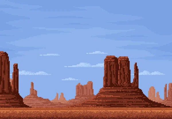 8bit pixel desert with mountain rocks, game landscape and video arcade vector background. 8 bit pixel game landscape of desert valley with canyon rocks or stones under sky clouds for game level scene