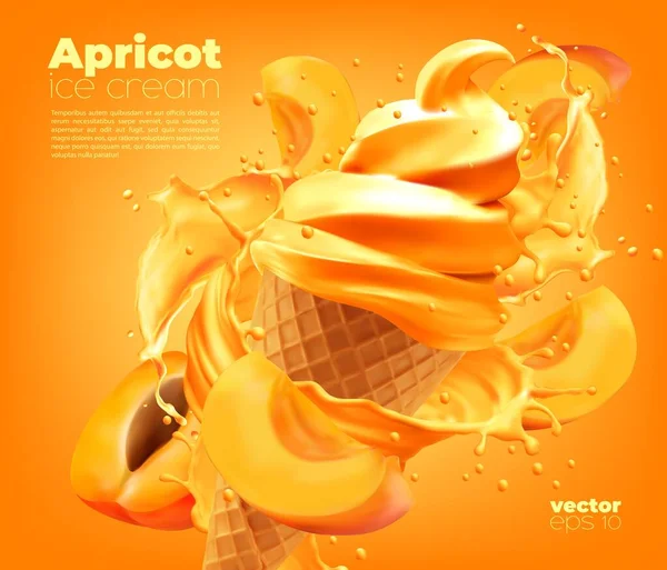 Apricot Soft Ice Cream Cone Splash Background Vector Poster Realistic — Stock Vector