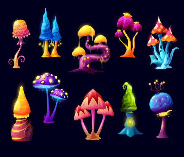 Fairy fantasy cartoon mushrooms or luminous toadstools of witch forest. Fairy ale magic mushrooms with blue neon, yellow and green caps with sparkling toxic spores and glowing light. Vector game asset