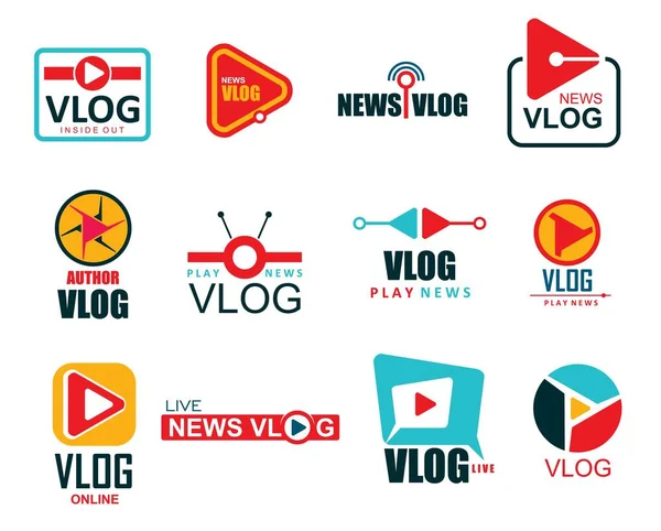 Vlog图标 电视直播 在线视频博客 电视新闻 Vlogger频道彩色标志 直播视频和带有播放按钮和天线的社交网络媒体矢量符号 — 图库矢量图片