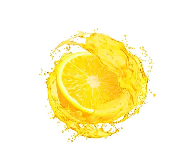 Fetta Limone Con Spruzzata Succo Isolato Succosa Limonata Bere Vortice — Vettoriale Stock