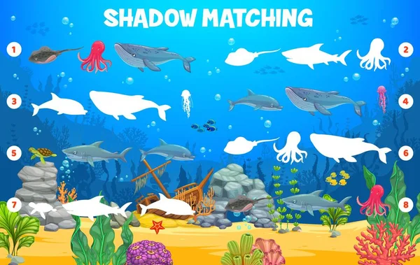 Underwater landscape with sea animals, shadow match game worksheet, kids vector cartoon puzzle. Find correct shadow or silhouette of ocean fish, shark and octopus with whale and dolphin or jellyfish