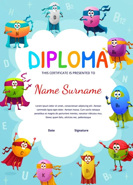 Diploma Niños Personajes Superhéroes Vitaminas Dibujos Animados Certificado Premio Vectorial — Archivo Imágenes Vectoriales