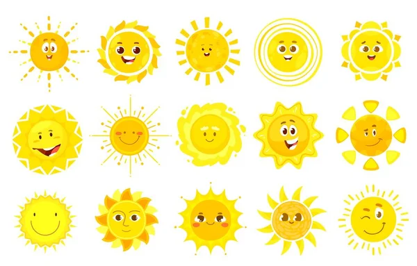 Personagens Sol Criança Desenhos Animados Sorrisos Com Rosto Feliz Ícones — Vetor de Stock