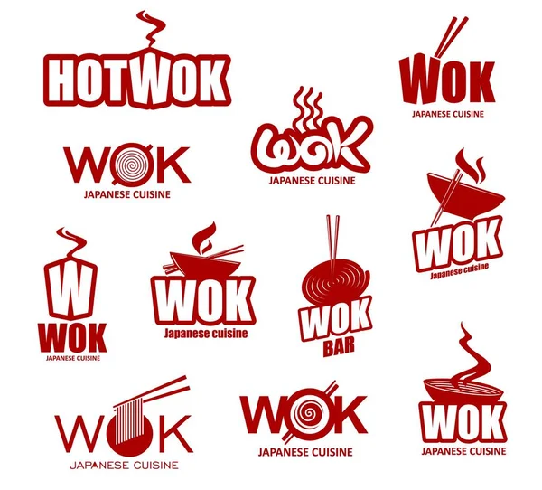Asiático Wok Pan Macarrão Caixa Ícones Símbolos Wok Cozinha Chinesa — Vetor de Stock
