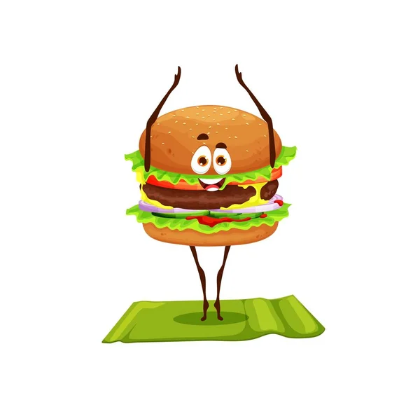 Rajzfilm Vicces Burger Karakter Jóga Fitness Boldog Mosolygós Gyorsétkezés Vektor — Stock Vector