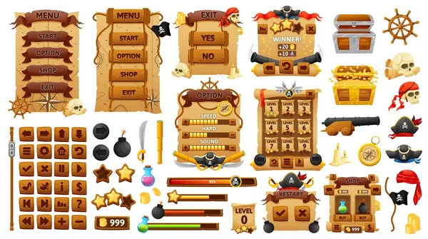 海賊や海賊ゲームインターフェース Uiゲームボタン Gui要素ゲーム資産 メニュー選択画面 ボタンと漫画海賊頭蓋骨と進行状況バー キャプテン帽子 地図とフラグ — ストックベクタ