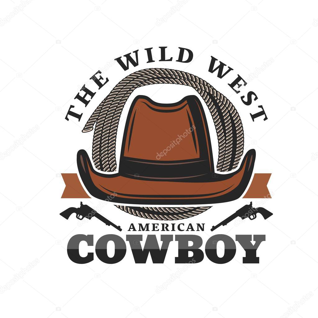 American cowboy hat icon of vector Wild West and western. Rodeo cowboy, sheriff or Texas bandit brown leather hat with guns and ranch rider lasso or rancher rope loop isolated symbol