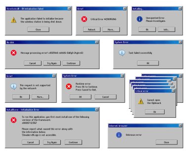 Hata iletisi pencereleri, bilgisayar sistemi uyarısı, vektör, PC uyarı ekranı arayüzü. Çalışma zamanı uyarısı için kritik hata ileti pencereleri bilinmeyen hata için devam et, çık ve yeniden başlat