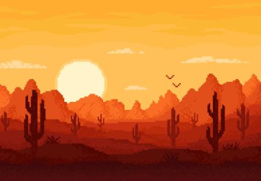 8bit piksel çöl manzarası, dağlı ve günbatımlı oyun düzeyi vektör arkaplanı. Arizona ya da Texas çölünün kanyon kayaları, kaktüsleri, kuşlar ve güneşli 8 bit piksellik sanat eseri.