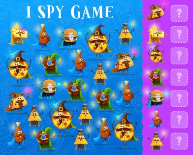 Casusluk oyunu çalışma tablosu, çizgi film hazır yemek servisi, büyücü karakterleri, vektör sınavı. Çocuklar aynı pizza büyücüsünü, çizburger büyücüsünü ve sihirli değneği olan çörek sihirbazını bulmak için bulmaca çözüyorlar.