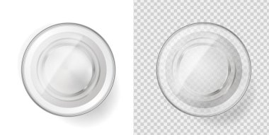 Cam su üst görünümü, vektör şeffaf arkaplan üzerinde gerçekçi izole fincan çanağı. Su bardağı üst görünümü ya da yuvarlak boş kâse ve kristal bardak ya da yukarıdan votka kadehi, mutfak bardağı.