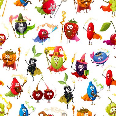 Çizgi filmlerdeki sihirbazlar, sihirbazlar ve cadı karakterleri gibi kusursuz bir bahçe çileği deseni. Büyücü şapkalarında sihirli değnekleri olan komik meyveler, kiraz, çilek ve yaban mersini.