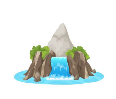 Karikatür dağı şelalesi, izole edilmiş doğal park su taşkını. Kaya uçurumundan düşen temiz su akıntısı arka planı, nehir suyu çağlayan doğa çevre vektör varlığı dağ zirvesi ile birlikte