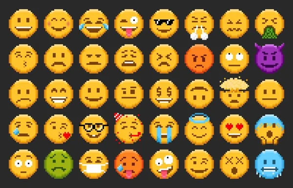 Pixel Emoji 情绪激动的微笑和8位面部图标 矢量快乐 悲伤和愤怒的设定 Pixel — 图库矢量图片