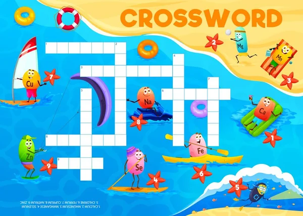 Crossword Quiz Game Grid Cartoon Vitamin Mineral Characters Beach Vacation — Stock Vector
