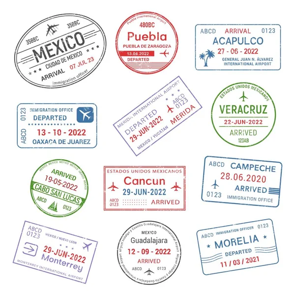 Sellos Viaje Pasaportes Llegada Visados Aeropuerto México Ciudades Mexicanas Signos — Vector de stock