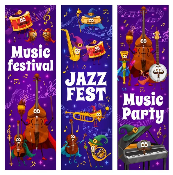 Muziekfeest Jazzfestivalspandoeken Wizard Muziekinstrument Personages Geluidsgolven Noten Orkest Goochelaar Drum — Stockvector