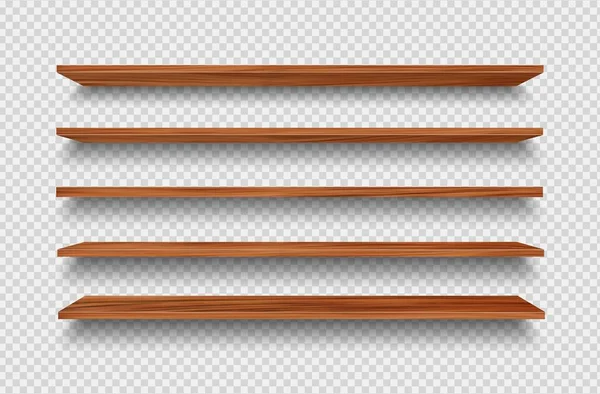 Langes Holzregal Realistische Holzregale Auf Transparentem Vektor Hintergrund Vorderansicht Des — Stockvektor