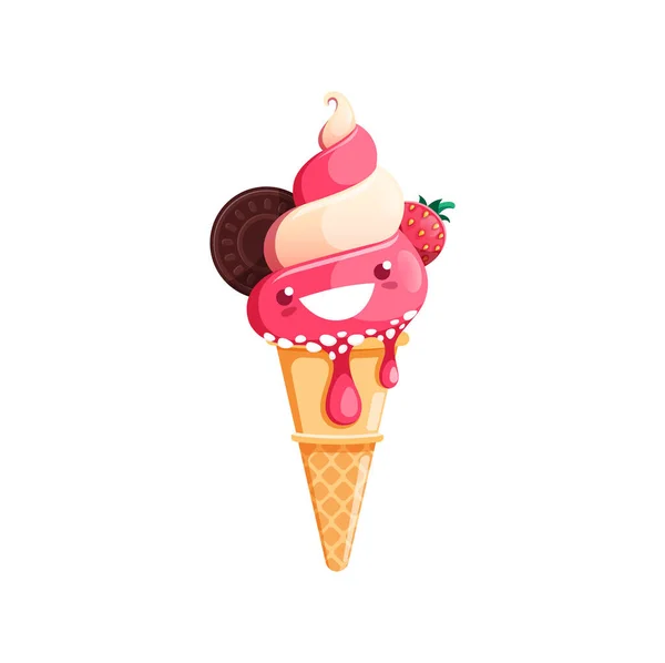 Personagem Sobremesa Sorvete Desenhos Animados Personagem Cone Waffle Kawaii Com — Vetor de Stock