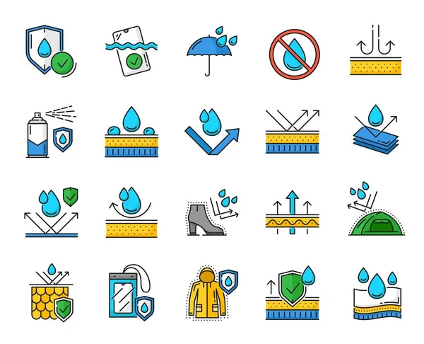 Waterproof Icons Water Proof Fabrics Color Line Symbols Drops Shield — Stock Vector