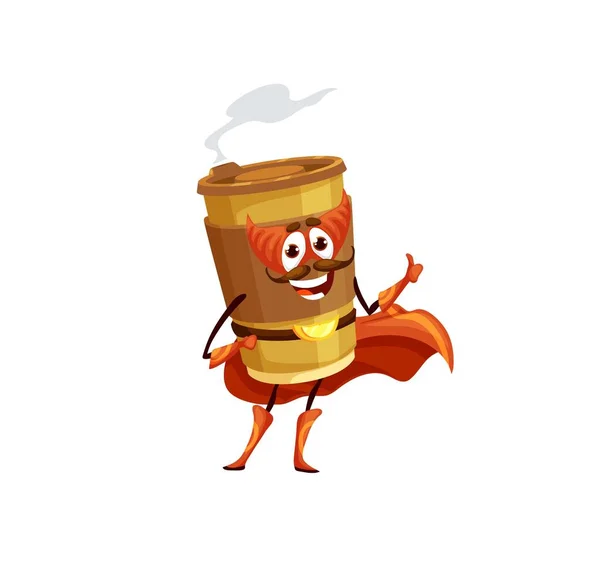 Personaje Superhéroe Café Dibujos Animados Bebida Caliente Para Llevar Feliz — Vector de stock