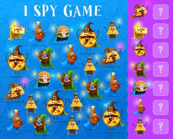 Spy Game Worksheet Cartoon Takeaway Fast Food Mage Wizard Characters — Stock Vector