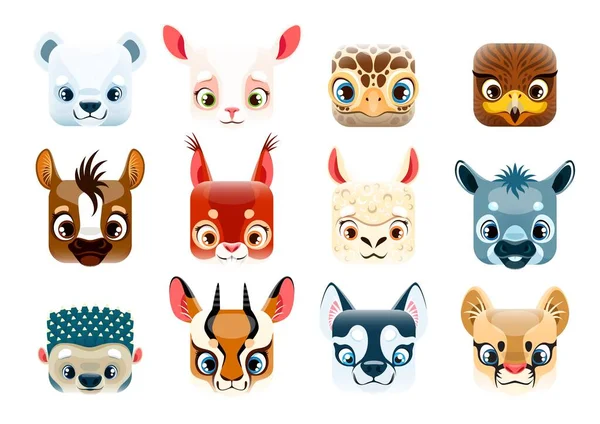 Cartoon Kawaii Square Animal Faces Emoticons Smiles Vector Icons Cute — Stock Vector