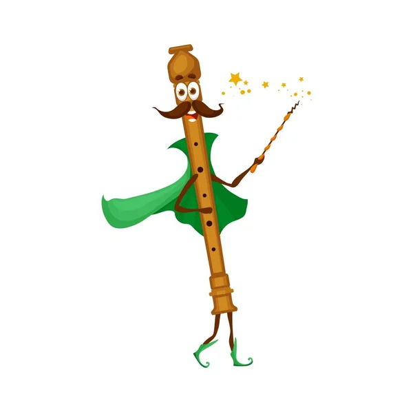 卡通长笛法师的角色 独立的矢量乐器带着绿色的向导斗篷 有五十个人拿着魔杖音乐人 笑容满面 — 图库矢量图片