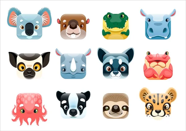Cartoon Kawaii Square Animal Faces Emoticons Smiles Emoji Vector Icons — Stock Vector