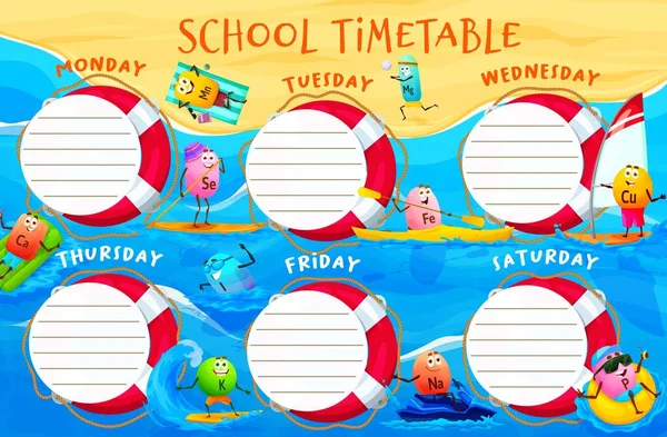 School Timetable Schedule Cartoon Vitamin Mineral Characters Beach Vacations Vector — Stock Vector