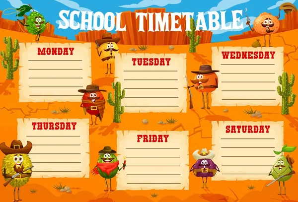 School Timetable Schedule Western Cartoon Cowboy Bandit Ranger Fruit Characters — Stock Vector