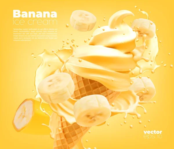 Banana Soft Ice Cream Cone Splash Vector Realistic Fruit Flavor — Stock Vector