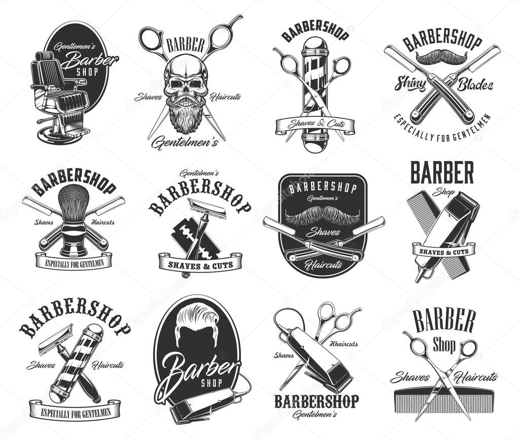 Barbershop, shave and hairdresser vector icons and symbols. Man haircut hipster labels. Barber shop hairdresser gentlemen head, beard and mustaches, shaving razor blade, scissors and barbershop pole