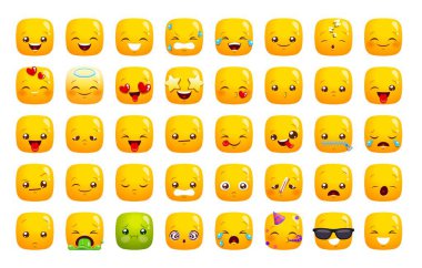 Gülümseme emojisi ve ifade simgeleri, mutlu, üzgün ve öfkeli vektör seti. Komik emoji ya da sevimli kawaii kare gülüşleri kahkaha ya da aşk duygularıyla, mesaj sohbet ifadeleri paketlendi