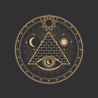 Pentagram sembolü, daire ve sihirli Mısır piramit üçgeni ile göz, vektör esrarengiz tarot işareti. Pentagram simya sembolü, aydınlık yıldız ve mason kutsal piramit ay, güneş ve göz ile