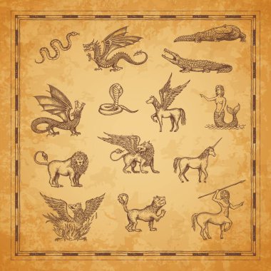 Tek boynuzlu at, ejderha ve pegasus, minotor, aslan, deniz kızı ve timsah, yılan, griffin ve kurt adam karakterleri. Mitoloji hayvanlarının ve antik hazine haritasındaki canavarların vektör çizimleri.