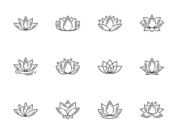 Disposition Linje Lotus Ikoner Blommor Eller Yoga Blommor Symboler Och — Stock vektor