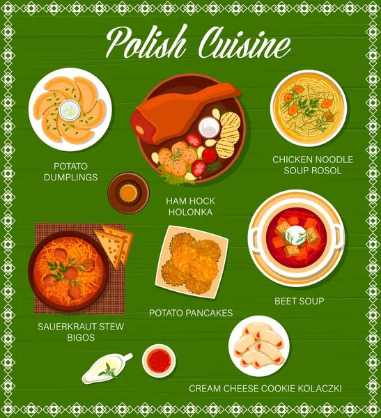 Πολωνική Κουζίνα Διάνυσμα Μενού Φυτικά Και Κρεατικά Πιάτα Κοτόσουπα Νούντλς — Διανυσματικό Αρχείο