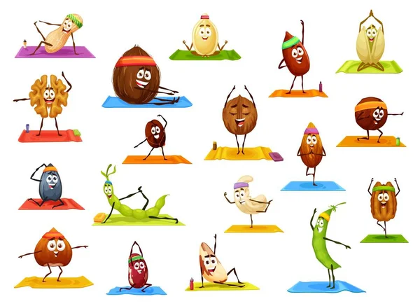 Personnages Heureux Dessins Animés Noix Haricots Sur Yoga Fitness Sport — Image vectorielle