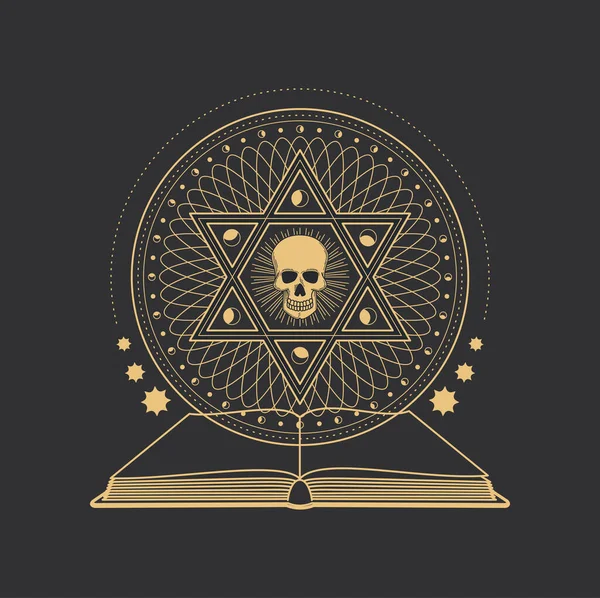 Occult Pentagram Schedel Hexagram Zwart Magisch Boek Esoterisch Tarot Vector — Stockvector