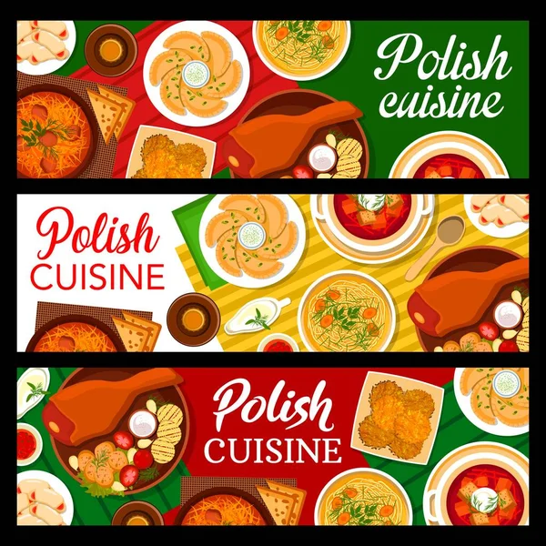 Bandiere Vettoriali Della Cucina Polacca Con Piatti Cibo Tradizionale Stufato — Vettoriale Stock