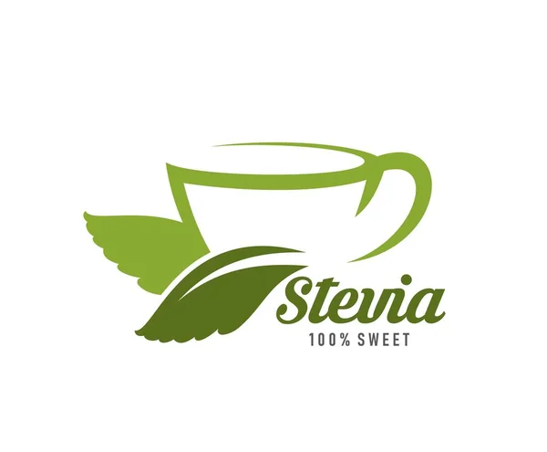 斯蒂凡亚的象征 健康或有机甜味剂简约的符号或简单的标志 天然食品店产品载体符号 史蒂夫娅甜味剂简约的图标与绿叶和茶或咖啡杯 — 图库矢量图片
